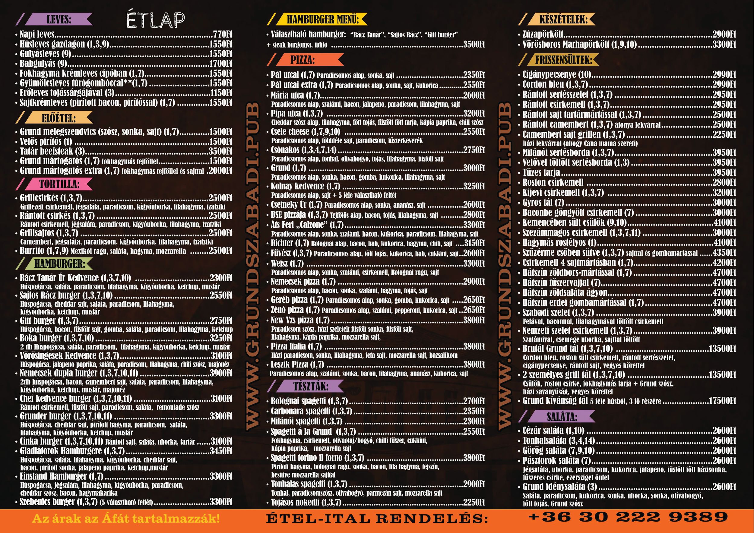 A Grund étlap – levesek, előételek, tortillák, hamburgerek, pizzák, tészták, készételek, frissensültek, saláták
