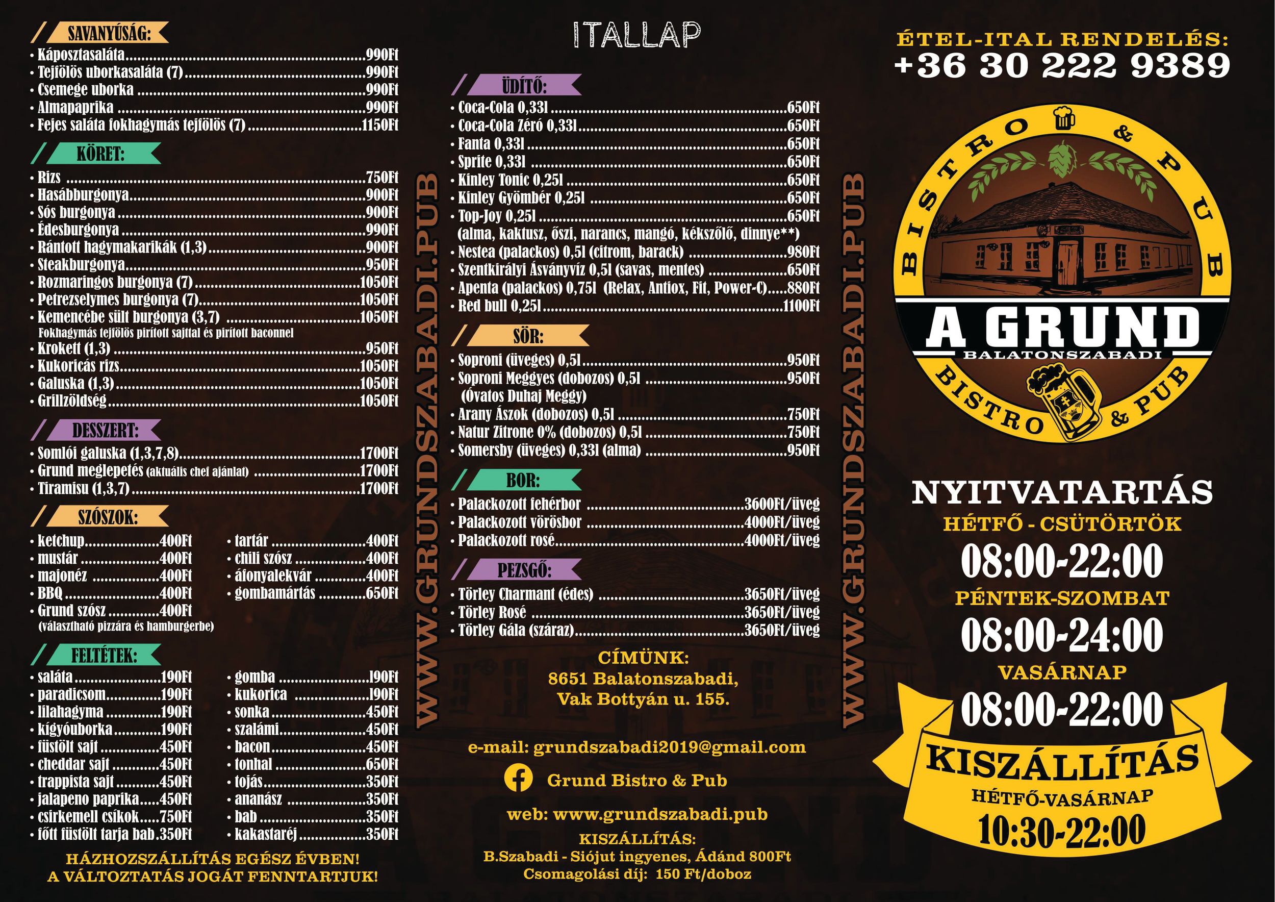 A Grund itallap – savanyúságok, köretek, desszertek, szószok, feltétek, üdítők, sörök, borok, pezsgők, nyitvatartás és kiszállítás